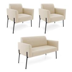 Sofá Namoradeira e 2 Poltronas Pé de Ferro Preto Marisa Suede Bege D03 - D`Rossi