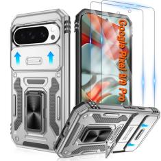 ATUMP Capa para Google Pixel 9/9 Pro (pacote com 2) com protetor de tela HD + capa deslizante para câmera, suporte giratório 360, proteção de nível militar, cinza
