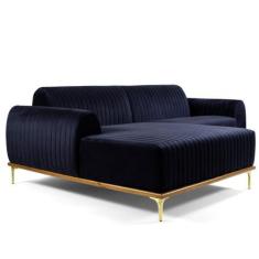 Sofá 3 Lugares com Chaise Base de Madeira Euro 230 cm Veludo Azul - Gr