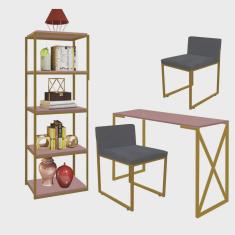 Kit Escritório Bex 2 Cadeiras Suede Cinza com 1 Mesa e 1 Livreiro Ferro Dourado mdf Rose Rosa - Ahazzo Móveis