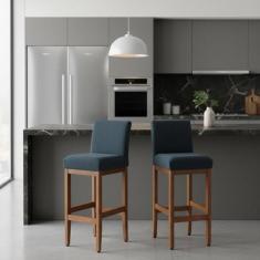 Kit 2 Banquetas Alta Estofadas Tecido Linho Madeira Maciça Montável Sa