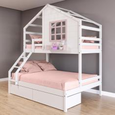 Beliche Casinha com Janela Casal/Solteiro com 02 Gavetas Madeira Maciça Branco/ Rosa Housin