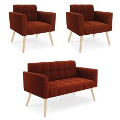 Namoradeira E 2 Poltronas Pé Palito Natural Elisa Bouclê Terra D03 - D`rossi