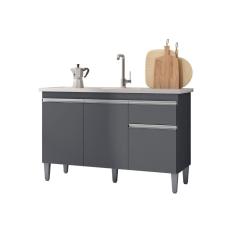 Balcão Gabinete P-pia Tatiane 120cm 3 Portas E 1 Gaveta C-tampo Cinza