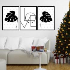 Kit 3 Quadros Love Folhas Tropicais Pretas 45X34Cm Preto