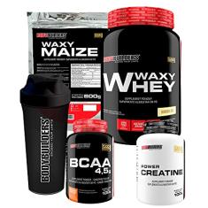 KIT - Waxy Whey 900g + Waxy Maize 800g + Power Creatina 100g + BCAA 100g + Coqueteleira - Bodybuilders Sabor Baunilha