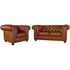 Conjunto de Sofás Sala de Estar Chesterfield Pés Madeira Couro Conhaque Brilho - Gran Belo