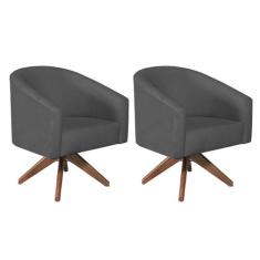 kit 02 Poltronas Luiza Base Giratória de Madeira Linho Chumbo - ADJ De