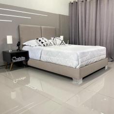 Cama King Clássica Almofadada Módena Linho Bege RBL Com Cabeceira 1,95
