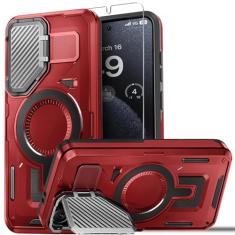 BPOASE Capa magnética para Samsung Galaxy S24 FE Capa de câmera de metal integrada com suporte, [compatível com Magsafe] Capa protetora resistente à prova de choque de grau militar com protetor de