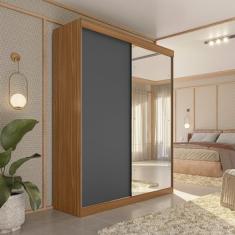 Guarda-roupa Solteiro 2 Portas de Correr 2 Gavetas e Espelho Peônia Yescasa Amêndola/Grafito Prime TX