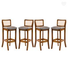 Kit 4 Banquetas Alta com Encosto em Rattan Portugal Estofado Linho Cinza L55 RMI