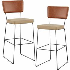 Kit 02 Banquetas Altas Sala Jantar Fixa Allana L02 Sintético Camel Lin