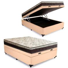 Cama Box Baú Casal Sintético + Colchão Casal Espuma Extra Firme D33 Elegance Ortopédico 64x138x188