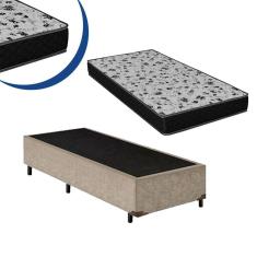 Cama Box Solteiro Suede Bege + Colchão Espuma D33 Bordado 54x78x188
