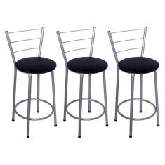 Kit 3 Banquetas Altas Prata com Encosto Assento Preto