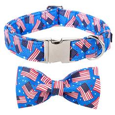 Maca Bates Coleira de cachorro com bandeira americana com laço, coleira de algodão macio para cães patrióticos de 4 de julho, coleira ajustável com fivela de metal para cães pequenos, médios e grandes