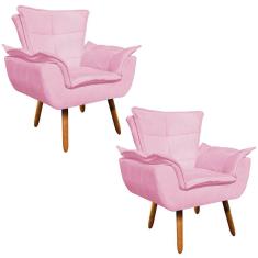 Kit 02 Poltronas Opala Suede Rosa Bebê Pés Palito Castanho