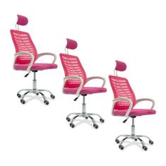 Kit 3 Cadeiras Escritório Diretor Tela Mesh Com Encosto De Cabeça Rosa