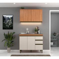 Cozinha Modulada 2 Peças 4 Portas 3 Gavetas 120cm Cecília Nogueira/Off White