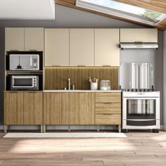 Armários para Cozinha com Balcão sem Tampo - Glam Freijó/Vanilla/CP-Ripado Freijó