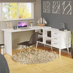 Escrivaninha Mesa De Escritório De Canto 3 Gavetas Branca Lisboa Mades