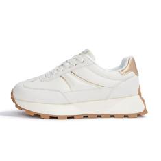 LUCKY STEP Tênis feminino plataforma retrô clássico tênis casual tênis corrida grosso cadarço elegante sapatos de caminhada, Bege, 36