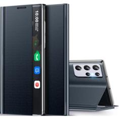 Qissy Capa para Samsung Galaxy S21 Ultra 5G com janela de visão clara fina para Samsung S21 Ultra, capa espelhada de luxo, suporte rígido de policarbonato, capa flip à prova de choque para Galaxy S21