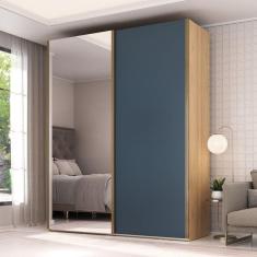 Guarda Roupa Solteiro com Espelho 2 Portas 3 Gavetas Veneto Olmo Italiano/Azul