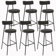 Kit 06 Banquetas Altas Estrutura Em Aço Milão Linho Chumbo - LYAM DECO