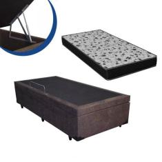 Cama Box Baú Solteiro Colchão Espuma D33 Bordado+ Box Marrom 56x78x188