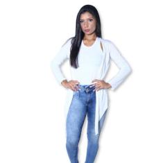 Cardigan Heide Ribeiro Alongado Soltinho Strass Super Leve, G, Branco