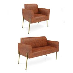 Sofá Namoradeira E Poltrona Pé De Ferro Dourado Marisa Corano D03 Nozes