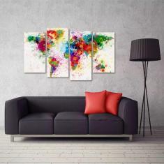 Quadro Mapa Mundi Colorido Decorativo Em Tecido 4 Peças 1