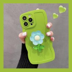 Capa de telefone com suporte de flor 3D para Samsung Galaxy S23 Ultra S22 S21FE S20 Plus A73 A13 A23 A33 A53 Capa de onda de silicone macio, flor verde, para S21
