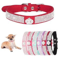 Teleyi Coleira de cachorro, coroa XS coleira para cães strass deslumbrante cintilante couro macio coleira de gato diamante cristal coleira de cachorro de estimação pequeno grande PP vermelho