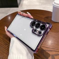 Suporte galvanizado de quatro cantos anti-quedaCapas de telefone protetoras transparentes para Samsung Galaxy S24 S23 S23 Ultra S23 Plus Capa, roxo escuro, S24Ultra