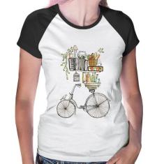 Baby Look Raglan Bicicleta e Livros - Foca na Moda, Branco, Preto, G