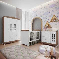Quarto De Bebê Completo Berço 3 Em 1 Roupeiro Cômoda Branco