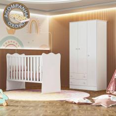 Quarto de Bebê Doce Sonho com Roupeiro 2617 e Berço Simples 1 Qmovi Branco + Colchão Gazin