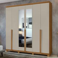 Guarda-roupa Alonzo 6 Portas E 4 Gavetas Com Espelho E Pés Amêndoa Clean Com Off White