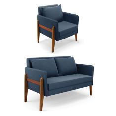 Kit 1 Sofá Namoradeira E 1 Poltrona Lana Suede Base De Madeira - D`rossi Cor Azul Marinho