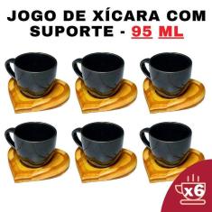 Kit Porta Xícara Coração Com Xícara Porcelana Preto 95Ml