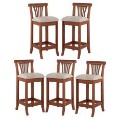 Kit 5 Banquetas Média Estofada Encosto Valentina 36x90Cm Bancada Madeira Maciça Linho Bege M58 - RMI