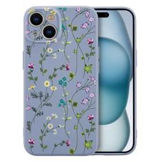 RALEAVO Capa floral para iPhone 15, capa de silicone líquido com lindo padrão de ramo de flores para meninas e mulheres, capa protetora de borracha macia fina para iPhone 15 (6,1 polegadas), cinza