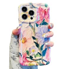UEEBAI Capa para iPhone 13 Pro de 6,1 polegadas, capa colorida retrô de flores com pintura a óleo, linda estampa brilhante, capa ondulada, floral, encaracolado, elegante, capa macia para mulheres e