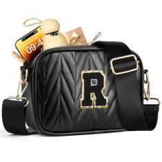 TOPEAST Bolsas transversais pequenas para mulheres modernas, presentes de aniversário personalizados iniciais para meninas adolescentes, bolsa transversal acolchoada, Preto, One Size
