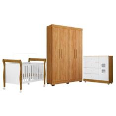 Quarto de Bebê com Berço Mini Cama, Cômoda 1 Porta 4 Gavetas e Roupeiro 4 Portas 3 Gavetas 100% Mdf Branco/madeirado Ypê