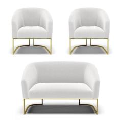 Sofá Namoradeira E 2 Poltronas Base Industrial Dourado Stella Bouclê Off White D03 - D`rossi
