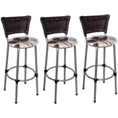 Kit 3 Banquetas Altas Prata com Encosto Junco Argila Assento Floral Ma